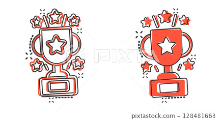 Trophy cup icon in comic style. Goblet prize cartoon vector illustration on isolated background. Award splash effect sign business concept. Trophy cup icon in comic style. Goblet prize cartoon vector illustration on isolated background. Award splash effect sign business concept. 128481663