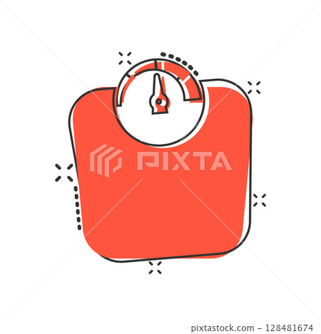 Bathroom weight scale icon in comic style. Mass measurement cartoon vector illustration on isolated background. Overweight splash effect sign business concept. 128481674