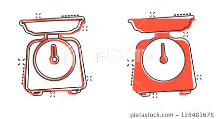 Bathroom weight scale icon in comic style. Mass measurement cartoon vector illustration on isolated background. Overweight splash effect sign business concept. 128481678