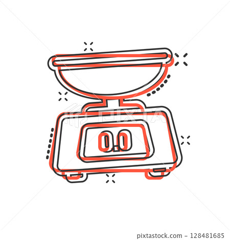 Bathroom weight scale icon in comic style. Mass measurement cartoon vector illustration on isolated background. Overweight splash effect sign business concept. 128481685