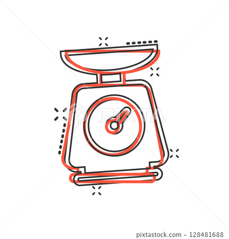 Bathroom weight scale icon in comic style. Mass measurement cartoon vector illustration on isolated background. Overweight splash effect sign business concept. 128481688