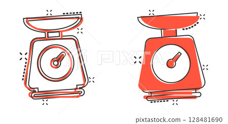 Bathroom weight scale icon in comic style. Mass measurement cartoon vector illustration on isolated background. Overweight splash effect sign business concept. Bathroom weight scale icon in comic style. Mass measurement cartoon vector illustration on isolated background. Overweight splash effect sign business concept. 128481690