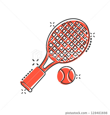 Tennis racket icon in comic style. Gaming racquet cartoon vector illustration on isolated background. Sport activity splash effect sign business concept. 128481698