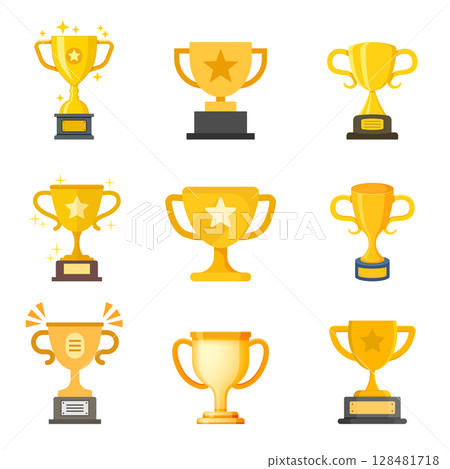 Trophy cup icon set collection in flat style. Award prize vector illustration on isolated background. Champion sports event sign business concept. Trophy cup icon set collection in flat style. Award prize vector illustration on isolated background. Champion sports event sign business concept. 128481718