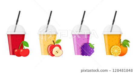 Grape, Cherry, Apple, Orange juice icon set collection in flat style. Organic drinks vector illustration on isolated background. Healthy cocktails sign business concept. 128481848