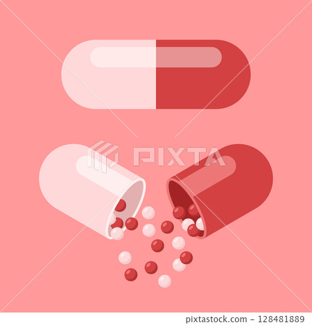 Pill icon in flat style. Drug vector illustration on isolated background. Medicine pharmacy sign business concept. 128481889