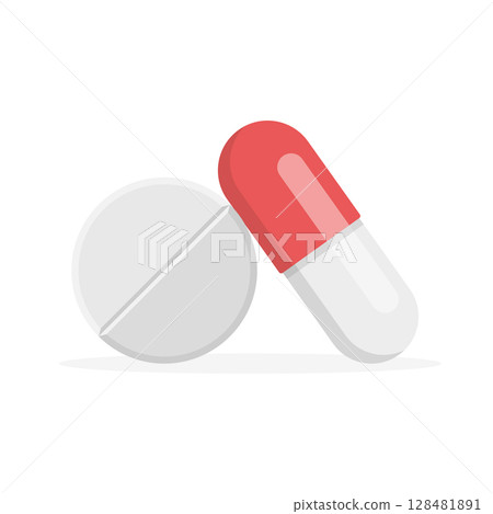 Pill icon in flat style. Drug vector illustration on isolated background. Medicine pharmacy sign business concept. 128481891