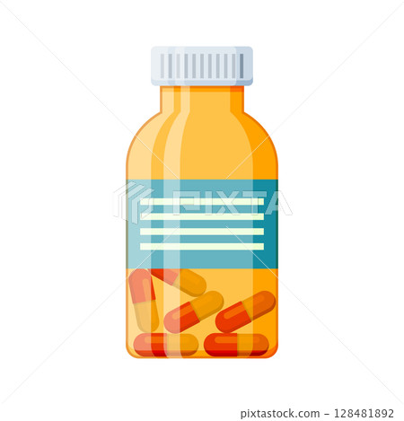 Pill icon in flat style. Drug vector illustration on isolated background. Medicine pharmacy sign business concept. 128481892