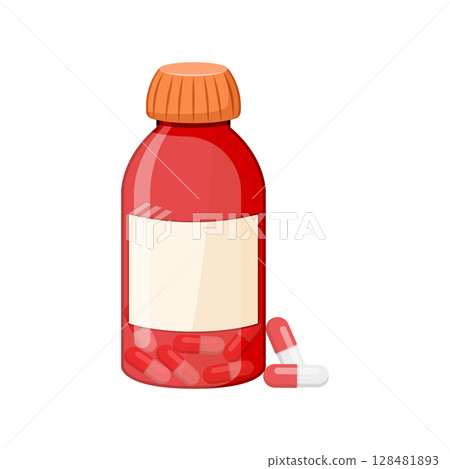 Pill icon in flat style. Drug vector illustration on isolated background. Medicine pharmacy sign business concept. 128481893