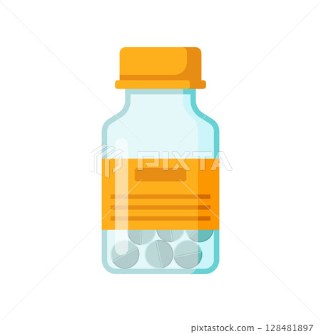 Pill icon in flat style. Drug vector illustration on isolated background. Medicine pharmacy sign business concept. 128481897