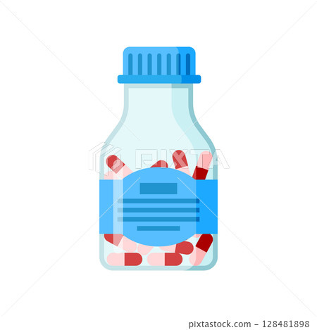 Pill icon in flat style. Drug vector illustration on isolated background. Medicine pharmacy sign business concept. 128481898