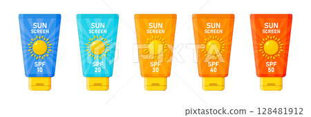 Sunscreen cream icon set collection in flat style. Skin protection vector illustration on isolated background. Skincare pharmacy sign business concept. 128481912