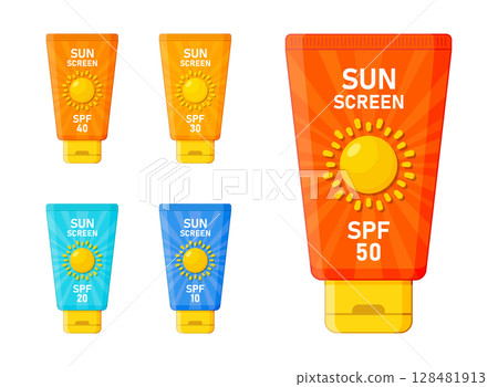 Sunscreen cream icon set collection in flat style. Skin protection vector illustration on isolated background. Skincare pharmacy sign business concept. Sunscreen cream icon set collection in flat style. Skin protection vector illustration on isolated background. Skincare pharmacy sign business concept. 128481913