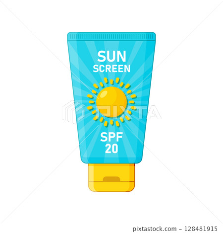 Sunscreen cream icon in flat style. Skin protection vector illustration on isolated background. Skincare pharmacy sign business concept. 128481915