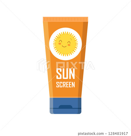 Sunscreen cream icon in flat style. Skin protection vector illustration on isolated background. Skincare pharmacy sign business concept. Sunscreen cream icon in flat style. Skin protection vector illustration on isolated background. Skincare pharmacy sign business concept. 128481917