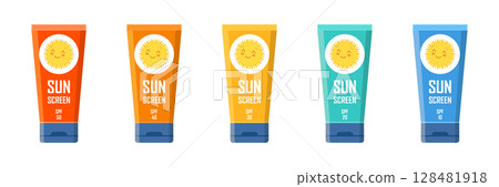 Sunscreen cream icon set collection in flat style. Skin protection vector illustration on isolated background. Skincare pharmacy sign business concept. 128481918