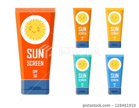 Sunscreen cream icon set collection in flat style. Skin protection vector illustration on isolated background. Skincare pharmacy sign business concept. 128481919