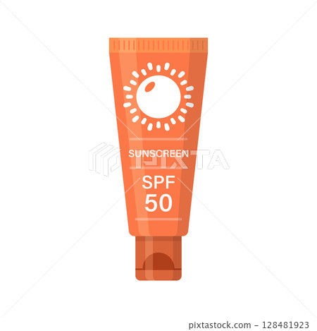 Sunscreen cream icon in flat style. Skin protection vector illustration on isolated background. Skincare pharmacy sign business concept. Sunscreen cream icon in flat style. Skin protection vector illustration on isolated background. Skincare pharmacy sign business concept. 128481923