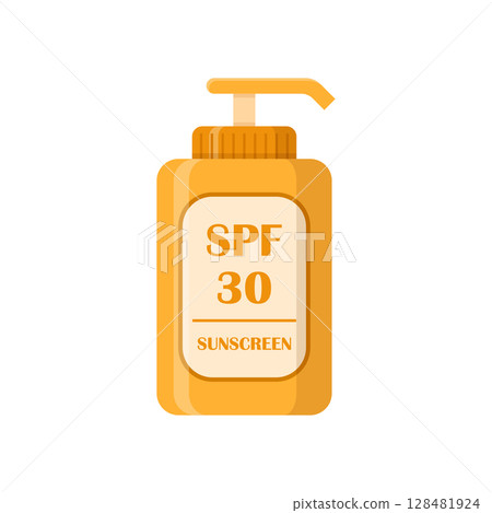 Sunscreen cream icon in flat style. Skin protection vector illustration on isolated background. Skincare pharmacy sign business concept. Sunscreen cream icon in flat style. Skin protection vector illustration on isolated background. Skincare pharmacy sign business concept. 128481924