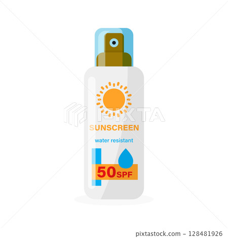 Sunscreen cream icon in flat style. Skin protection vector illustration on isolated background. Skincare pharmacy sign business concept. Sunscreen cream icon in flat style. Skin protection vector illustration on isolated background. Skincare pharmacy sign business concept. 128481926