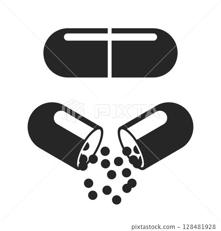 Pill icon in flat style. Drug vector illustration on isolated background. Medicine pharmacy sign business concept. 128481928