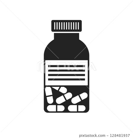 Pill icon in flat style. Drug vector illustration on isolated background. Medicine pharmacy sign business concept. Pill icon in flat style. Drug vector illustration on isolated background. Medicine pharmacy sign business concept. 128481937