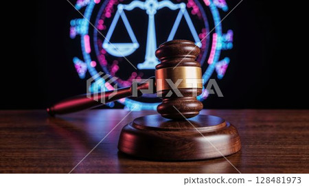 Gavel and Scales Symbolize Justice in Neon Glow 128481973
