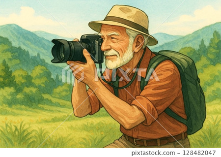 一位老人用相機拍攝自然風景 128482047