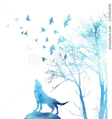 Blue wolf howling in the forest. hand drawn. Not AI, Vector illustration Blue wolf howling in the forest. hand drawn. Not AI, Vector illustration 128482099