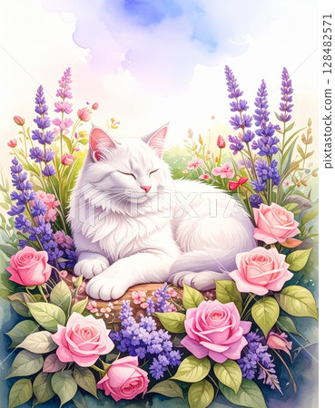 flower garden and cat 128482571