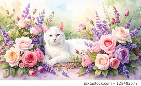 flower garden and cat 128482572