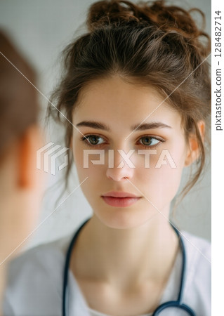 female doctor in white coat talking to a patient female doctor in white coat talking to a patient 128482714