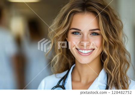female doctor in white coat talking to a patient 128482752