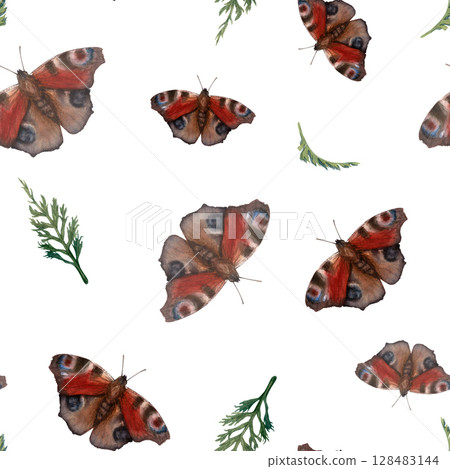 Flying butterflies with branches. Seamless pattern on white background 128483144
