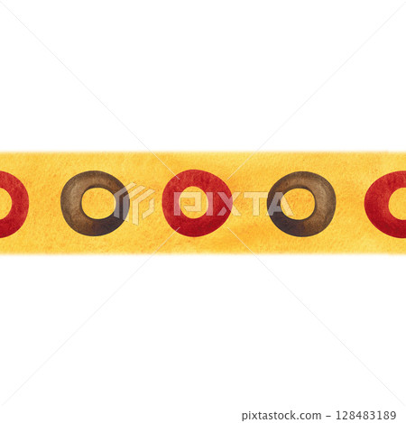 Seamless border of red and brown rings on yellow watercolor background. Watercolor illustration, hand drawn, cartoon. Pattern for textile, paper, cards, stickers. Ornament, Africa, decor Seamless border of red and brown rings on yellow watercolor background. Watercolor illustration, hand drawn, cartoon. Pattern for textile, paper, cards, stickers. Ornament, Africa, decor 128483189