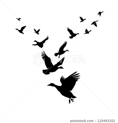 A flock of black ducks flying. hand drawing. Not AI. Vector illustration A flock of black ducks flying. hand drawing. Not AI. Vector illustration 128483202