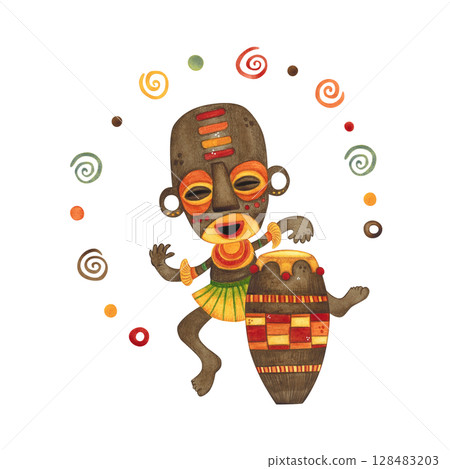 African shamajite playing drum and dancing in mask. Watercolor illustration hand drawn, cartoon. Drawing for textile, paper, postcards, stickers. face, holiday, carnival, travel, national, costume African shamajite playing drum and dancing in mask. Watercolor illustration hand drawn, cartoon. Drawing for textile, paper, postcards, stickers. face, holiday, carnival, travel, national, costume 128483203