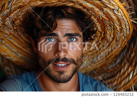 Handsome Man With Bright Blue Eyes And Straw Hat 128483232