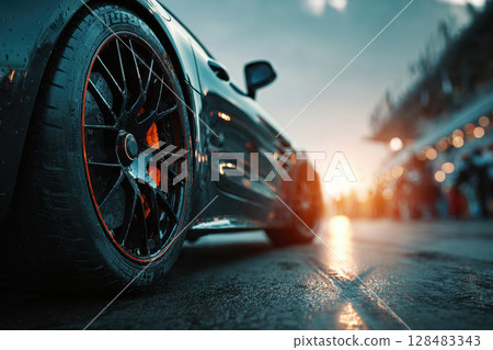 Close Up of Race Car Wheel on Track 128483343