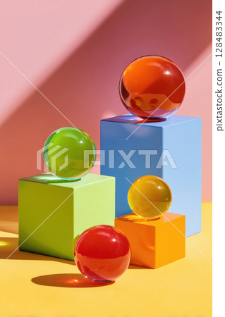 Colorful geometric composition with spheres and cubes 128483344