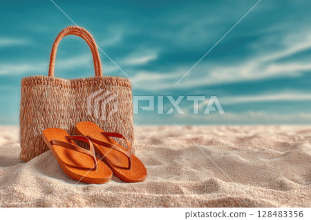 Flip flops and beach bag on sand under blue sky Flip flops and beach bag on sand under blue sky 128483356