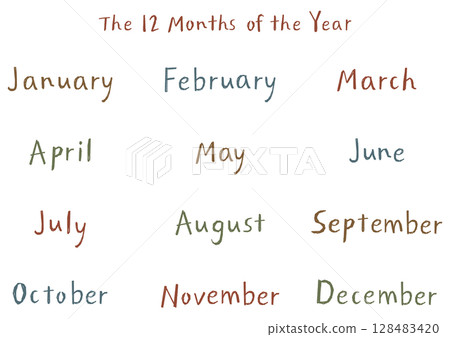手寫英文月份名稱套裝（12個月）自然觸感 | 復古色彩 128483420