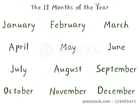 手寫英文月份名稱集（12個月）自然觸感 | 綠色 128483423