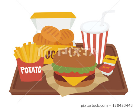 Illustration of a set of cheeseburgers with drinks, fries and nuggets on a tray Illustration of a set of cheeseburgers with drinks, fries and nuggets on a tray 128483443