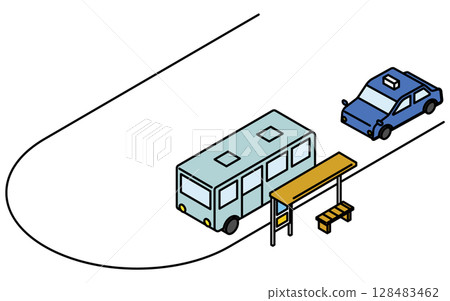 簡單的線條繪製等距插圖,顯示一個環形交叉路口,其中有一個公車站,停放著公車和計程車 簡單的線條繪製等距插圖,顯示一個環形交叉路口,其中有一個公車站,停放著公車和計程車 128483462