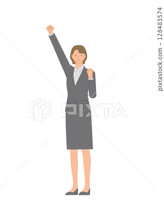 身穿西裝的微笑年輕女子：舉起雙臂，握緊拳頭 128483574