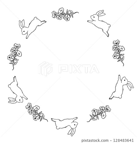 Simple line drawing of rabbit and bouquet of flowers round frame label design 128483641