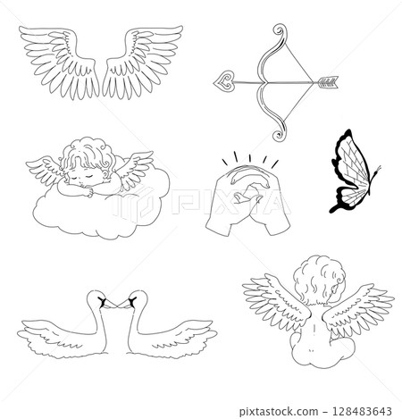 Set of illustrations of angel wings, ducks, and bows and arrows Retro line art illustrations and label designs 128483643