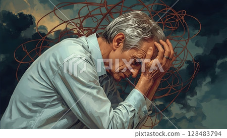 Portrait of an Elderly Man Showing Signs of Burnout   Digital Illustration 128483794