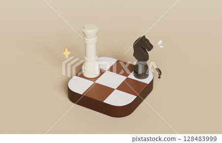 Chess Piece Queen and Knight on Checkerboard. 3D Rendering. Chess Piece Queen and Knight on Checkerboard. 3D Rendering. 128483999